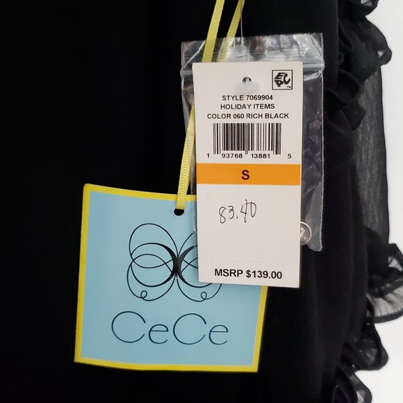 NWT- CeCE Ruffle Chiffon, Long Bell-Sleeve, Shift Dress- Rich Black- Small - Picture 9 of 11